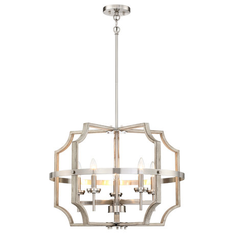 24.5" W 5-Light Brushed Nickel/White-Washed Wood Tone Chandelier