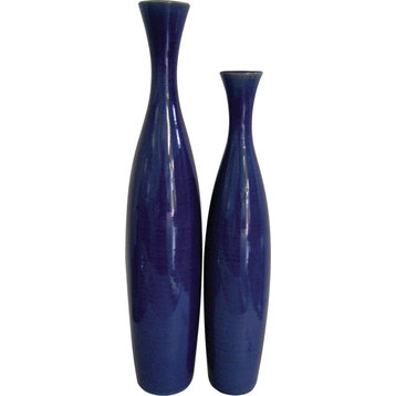 Cobalt Blue Glaze Ceramic Vases (Set of 2), Ceramic Cobalt Blue Glaze, Tall