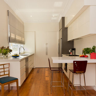 Mid-sized contemporary kitchen pantry ideas - Example of a mid-sized trendy u-shaped dark wood floor kitchen pantry design in Wellington with a double-bowl sink, flat-panel cabinets, white cabinets, quartzite countertops, white backsplash, ceramic backsplash and stainless steel appliances