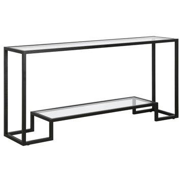 Modern Console Table, Blackened Bronze Metal Frame With Lower Shelf & Glass Top