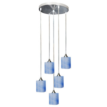 5in1 Oval Hand Blown Glass Chandelier Brushed Nickel Finish, Blue
