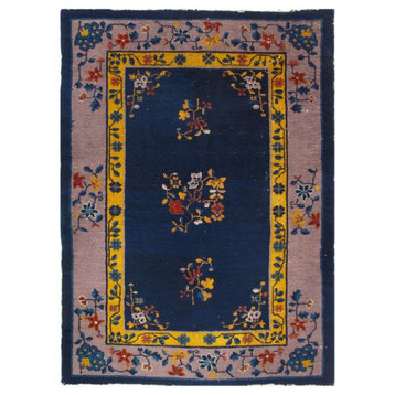 Navy Blue Antique Chinese Art Deco Rug 4'2'' X 5'11''
