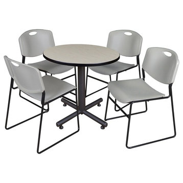 Kobe 30" Round Breakroom Table, Maple and 4 Zeng Stack Chairs, Gray