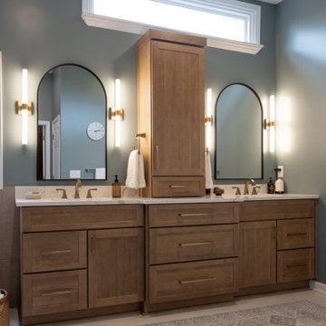 Spa Like Primary Bathroom Remodel with Warm Wood & Brass Details