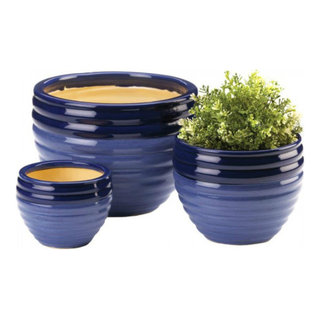 Fiber Clay Planters - 2-piece Barrel-shaped Pot Set With Metal