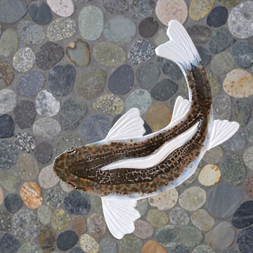 Sliced pebble, rock, and stone shower floors with Walleye fish