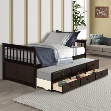 CRO Decor Captain's Bed Twin Daybed with Trundle Bed and Storage Drawer-Espresso