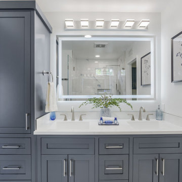 Irvine Bathroom Remodel with Charcoal Double Vanity, LED Mirror & Linen Storage
