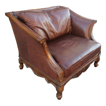 Vintage Oversized "Bergere" Style Leather Hollywood Regency Lounge Chair