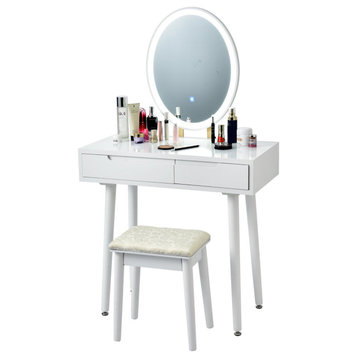 Modern Vanity Set, 3 Color Touch Screen Dimmable Mirror & Storage Drawers, White