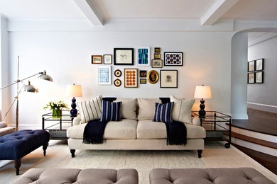 Mid-sized transitional open concept and formal dark wood floor living room photo in New York with white walls