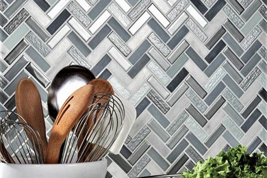 Inspiration for a modern kitchen remodel in New York with gray backsplash and mosaic tile backsplash