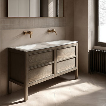 Desert Beige Oak Double Sink Vanity | Freestanding White Oak Bathroom Cabinet |