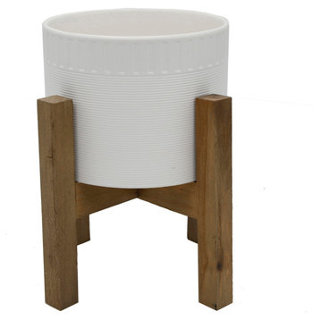8" Ceramic Dumpling Pot On Wood Stand, Matte White