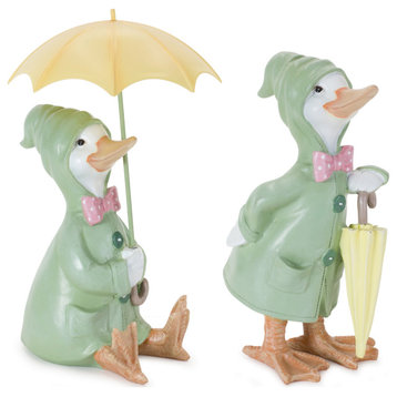 Raincoat Duck Figurine With Umbrella, 2-Piece Set