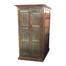 Consigned Antique Armoire Floral Carving Blue Patina Storage Cabinet Farmhouse