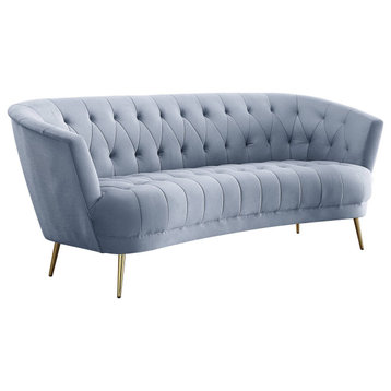 Elegant Sofa, Gold Legs & Tufted Velvet Seat With Curved Silhouette, Light Gray