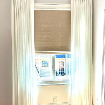 Room Darkening Flat Roman Shade with Sheer Drapery Side Panels on TRAX Hardware