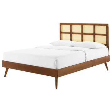 Platform Bed Frame, King Size, Wood, Brown Walnut, Modern Mid-Century, Bedroom