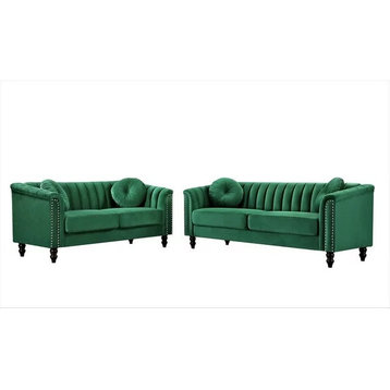 Elegant Sofa & Loveseat Set, Velvet Seat With Channel Tufted Back, Green