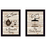 Trendy Decor4U - "Enjoy Tea Time" 2-Piece Vignette by Millwork Engineering, Black Frame - Enjoy Tea Time is a 2 piece grouping of coffee and tea kitchen decor by the designers at Trendy D cor 4U, in matching 10 x 14 black frames. This attractive set includes "Tea Time is Friend's Time" with a teapot and teacups, and "The Daily Grind" which shows an antique hand crank coffee grinder. The surface of the prints are textured with a fade resistant coating so no glass is necessary. Arrives ready to hang. Made in the USA by skilled American workers.