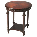 Butler - Butler Hellinger Round End Table, Cherry - 6162024 - The beauty of this classic lamp table is in the selected hardwoods and matched choice veneers. The apron and legs feature hand carved details. Veneer inlay top with end grain border makes for a perfect place to display your most cherished possessions, use the lower display shelf for storing your favorite books.