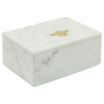 Marble 7x5 Marble Box W/ Bee Accent White