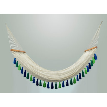 Deluxe Natural Cotton Hammock with Rainforest-Inspired Tassels (Wooden Bar)