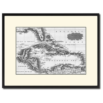 West Indies, Caribbean Sea Old B&W Map Print On Canvas With Frame, 16" X 21"