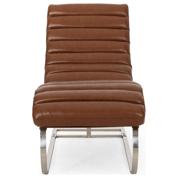 Modern Chaise Lounge, Stainless Steel Base & Cognac Brown Faux Leather Seat