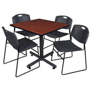 Kobe 36" Square Breakroom Table, Cherry and 4 Zeng Stack Chairs, Black