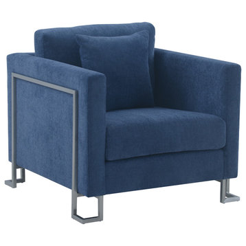 Heritage Blue Fabric Upholstered Accent Chair with Brushed Stainless Steel Legs