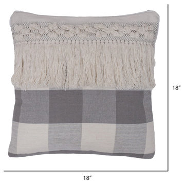 Grey Plaid Fringe Cotton Pillow , Grey, 18"