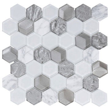 Hexagon White Carrara Stone Metallic Gray Glass Mosaic Tile, 13"x13", Set of 10