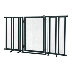 Fusion Gates - 71.5" - 74" Black Fusion Gate with Chevron Trail in White Design - Dog Gates