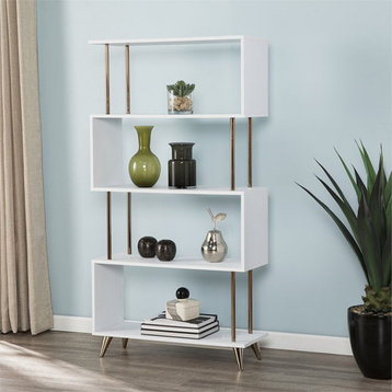 Maklaine Modern Wooden 4 Shelf Bookcase in White and Champagne