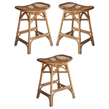 Home Square 24" Rattan Counter Stool in Canary Brown - Set of 3