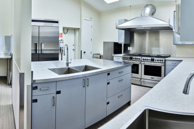 Example of a large u-shaped linoleum floor, gray floor and vaulted ceiling eat-in kitchen design in Edmonton with a drop-in sink, flat-panel cabinets, gray cabinets, stainless steel countertops, gray backsplash, stainless steel appliances, a peninsula and gray countertops