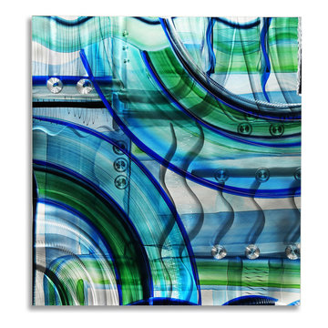 Symbiotic - Colorful, Blue Abstract Painting with Silver & Green, Unique Bright