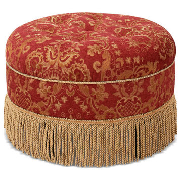 Yolanda 24" Upholstered Round Accent Ottoman, Red & Gold Damask
