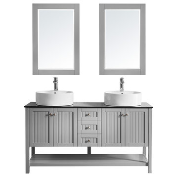60" Double Vanity, Gray, Glass Countertop, White Vessel Sink, Mirror