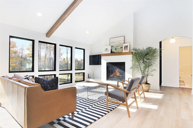Living room - large scandinavian formal and open concept light wood floor and beige floor living room idea in Grand Rapids with white walls, a standard fireplace, a plaster fireplace and a wall-mounted tv