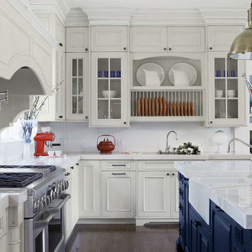 White Kitchen with Blue Island