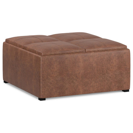 Simpli Home Avalon 35" Square Faux Leather Coffee Table Ottoman in Umber Brown