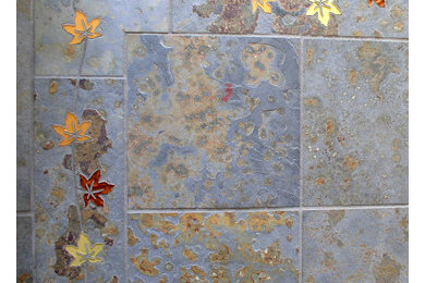 Glass Tile Maple Leaves Embedded in Slate Floor