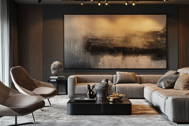 Huge minimalist open concept medium tone wood floor and wall paneling living room photo in New York with a concealed tv