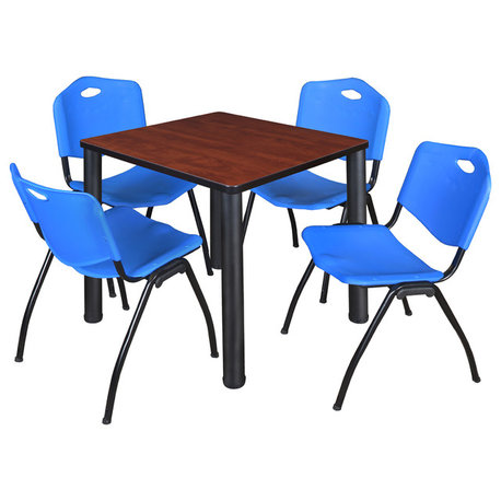 Kee 30" Square Breakroom Table, Cherry/Black and 4 'M' Stack Chairs, Blue