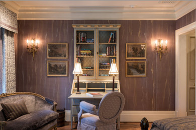 Bedroom - mid-sized french country guest dark wood floor, brown floor and wallpaper bedroom idea in Houston with purple walls, a standard fireplace and a stone fireplace