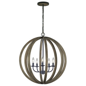 Allier Five Light Pendant in Weathered Oak Wood / Antique Forged Iron