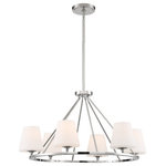 Crystorama - Keenan 6 Light Polished Nickel Chandelier - Less is more with the sleek minimalist Keenan collection. The fixture combines thin, angular arms with white glass shades for a modern touch, easily incorporated into a variety of rooms and design styles. A cone shaped white glass shade tops the bulb exuding soft, ambient glow that is perfect for kitchens, dining rooms or living room.